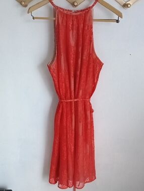 New York & Company Red Lace Midi Dress with Halter Neck